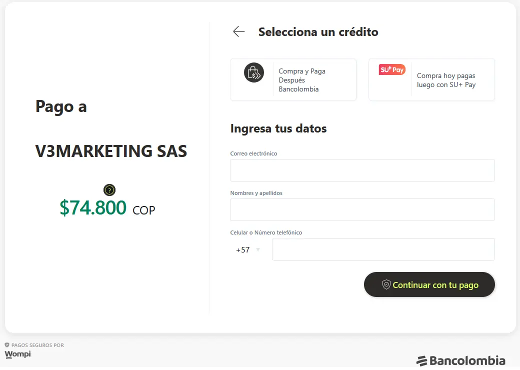 Opciones de pago a crédito Wompi